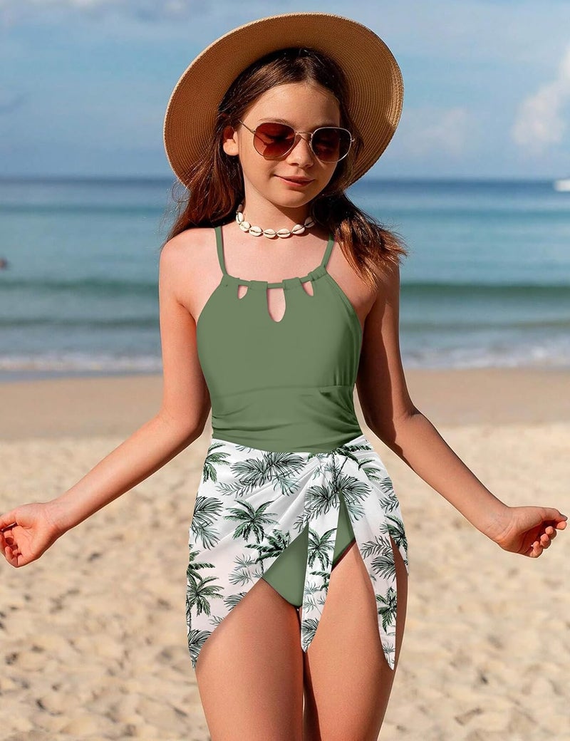 Kangkang Girls Swimsuit Quick Dry Cut Out One Piece Swimsuits with Tropical Print Cover Up Skirt Bathing Suit Swimwear 7-18Y - Image 5